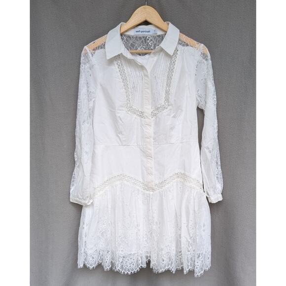 Self-portrait White Lace Panel/Poplin Shirt Short Dress, size 4 - Picture 1 of 6
